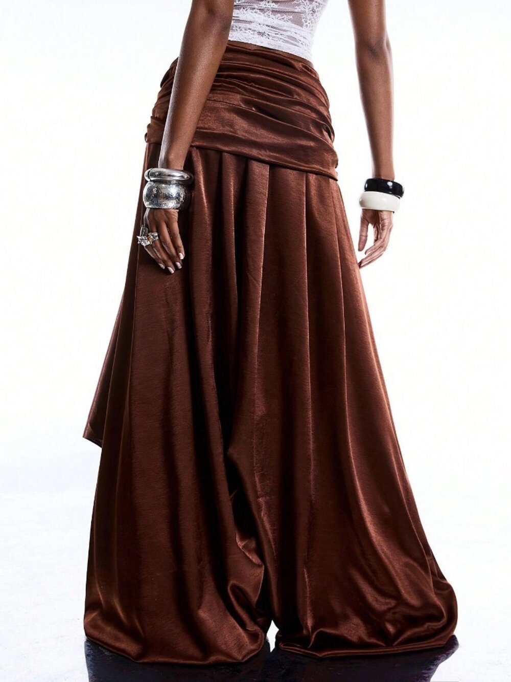Coffee Brown Casual Women's Minimalism Draping Waist Loose Baggy Pants - Picture 2 of 5
